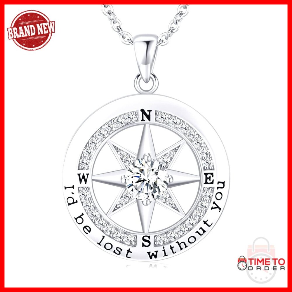 Sterling Silver Compass Necklace Engraved Love Gift Elegant Minimal Jewelry